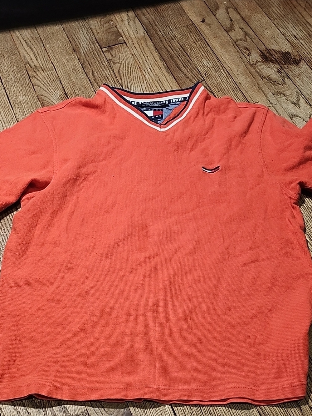 Tommy Hilfiger Men's V-Neck Sweater in Coral with Navy & White Trim